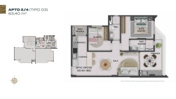 Planta baixa do apartamento 2 quartos Tipo 03 do NEST Rio Vermelho, com 63,40 m², suíte master, varanda ampla, sala integrada e cozinha com área de serviço.