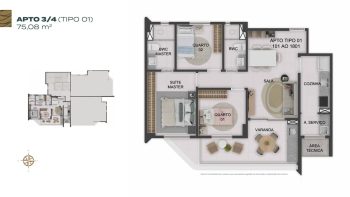 Planta baixa do apartamento 3 quartos Tipo 01 do NEST Rio Vermelho, com 75,08 m², suíte master, varanda, sala integrada e cozinha com área de serviço.