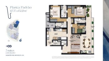 Planta baixa ilustrada do apartamento padrão com 3 suítes e lavabo do Nouvelle Blues Jaguaribe, com layout moderno que integra varanda, living e cozinha.