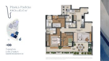 Planta ilustrada da implantação do Nouvelle Blues Jaguaribe, mostrando a distribuição das torres, áreas de lazer, piscinas, quadras esportivas e acessos ao empreendimento.