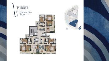 Planta baixa do pavimento tipo da Torre 1 do Nouvelle Blues Jaguaribe, com unidades distribuídas em diferentes tipologias e áreas sociais integradas.