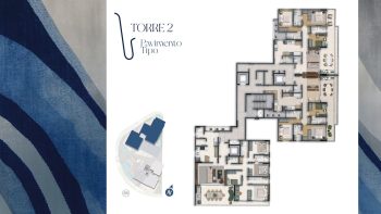 Planta baixa da Torre 2 do Nouvelle Blues Jaguaribe, mostrando o pavimento tipo com diferentes configurações de apartamentos, áreas sociais integradas e circulação central.