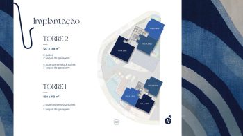 Planta baixa da implantação das torres do Nouvelle Blues Jaguaribe, destacando a Torre 1 com apartamentos de 108 a 113 m² e a Torre 2 com unidades de 127 a 158 m².
