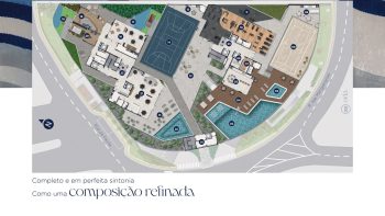 Planta baixa ilustrada da implantação do condomínio Nouvelle Blues Jaguaribe, com áreas de lazer, torres residenciais, piscinas e quadras esportivas.