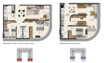 Planta baixa do apartamento de 2 quartos do Smart Ipanema, mostrando suíte, sala integrada, varanda, cozinha e área de serviço.