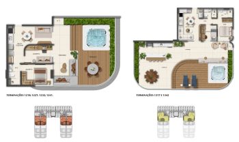 Planta baixa do apartamento de 2 quartos do Smart Ipanema com varanda ampla, terraço privativo e hidromassagem, além de sala integrada e suíte.