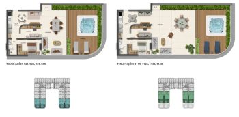 Planta baixa do apartamento de 2 quartos do Smart Ipanema, com suíte, sala integrada, varanda ampla e terraço privativo com hidromassagem.