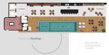 Planta baixa do rooftop do Easy São Lázaro em Salvador, com piscina, deck molhado, espaço gourmet com churrasqueira e lounge pergolado.