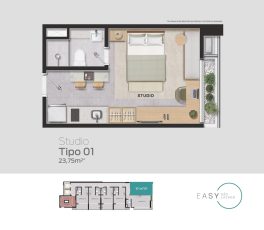 Planta baixa do Studio Tipo 01 do Easy São Lázaro em Salvador, com 23,75m², quarto integrado, cozinha compacta, banheiro e varanda com jardim.