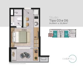 Planta baixa dos Studios Tipo 03 e 06 do Easy São Lázaro em Salvador, com áreas de 24,99m² e 25,39m², quarto integrado, cozinha compacta, banheiro e sala.