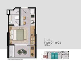 Planta baixa dos Studios Tipo 04 e 05 do Easy São Lázaro em Salvador, com 23,72m², quarto integrado, cozinha compacta, banheiro e sala com mesa.