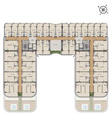 Planta baixa do 10º andar do Smart Ipanema com apartamentos distribuídos em formato de U e áreas privativas com terraços e spas.