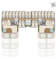 Planta arquitetônica do 13º andar do Smart Ipanema, destacando apartamentos e espaços de lazer com áreas externas e hidromassagens.