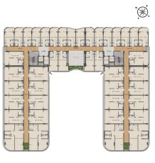 Planta baixa do Smart Ipanema mostrando a distribuição dos apartamentos do 1º ao 8º andar, com corredores centrais e unidades laterais.