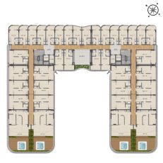 Planta baixa do 9º andar do Smart Ipanema, destacando apartamentos, corredores e áreas de lazer privativas com terraço e spa.