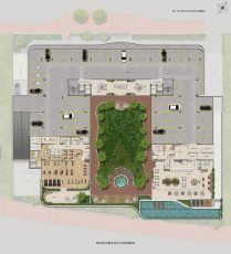 Planta arquitetônica do pavimento G1 do Smart Ipanema, com vagas de garagem, academia equipada, piscina, salão de festas e áreas de convivência.