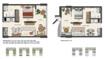 Planta baixa de apartamentos quarto e sala do Smart Ipanema, destacando suíte, varanda integrada e sala com cozinha americana.