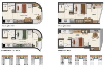 Planta baixa ilustrada dos studios do Smart Ipanema, mostrando diferentes opções de layout com quarto, cozinha integrada, banheiro e varanda privativa.