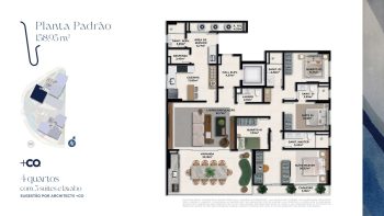 Planta baixa padrão de 158,95 m² do Nouvelle Blues – Jaguaribe, com 4 quartos, sendo 3 suítes, lavabo, varanda ampla e living integrado, por ARCHITECTS +CO.