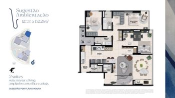 Planta baixa de apartamento do Nouvelle Blues – Jaguaribe, com 127,57 a 132,21 m², 2 suítes, living ampliado, office e adega, por Flávio Moura.