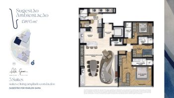 Planta baixa de apartamento do Nouvelle Blues – Jaguaribe, com 158,95 m², 3 suítes, living ampliado, lavabo e sugestão de ambientação por Marlon Gama.