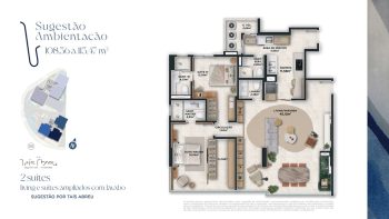 Planta baixa ilustrada de unidade com 2 suítes do Nouvelle Blues – Jaguaribe, assinada por Taís Abreu, com living ampliado, lavabo, cozinha e varanda.