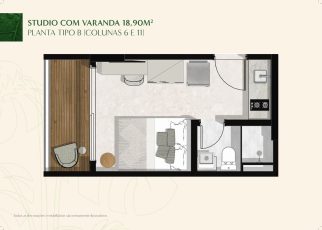 Planta baixa do Studio Tipo B do HOUSE Praça Ana Lúcia, com 18,90 m², varanda integrada e layout funcional em Salvador.