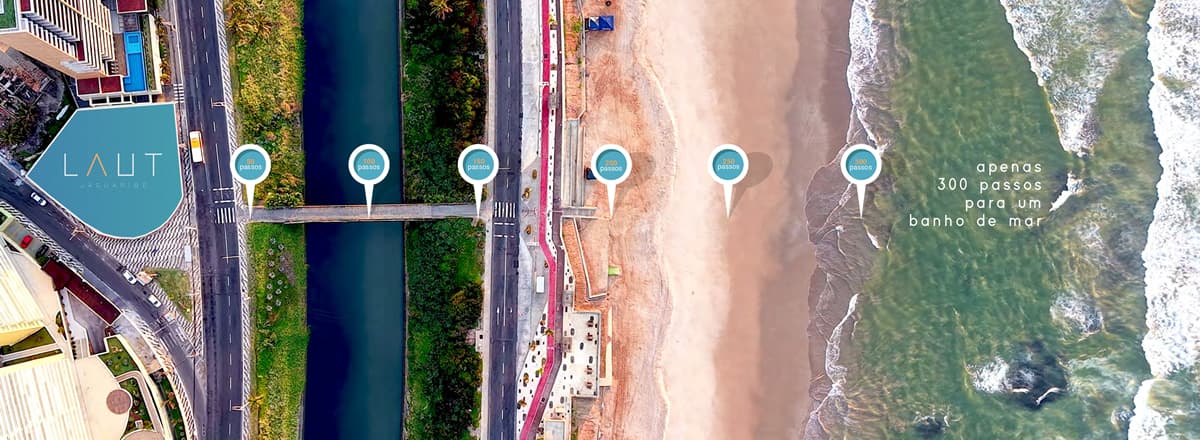 Vista aérea do Laut Jaguaribe mostrando o trajeto de apenas 300 passos até a praia, com ponte, ciclovia e acesso direto ao mar.