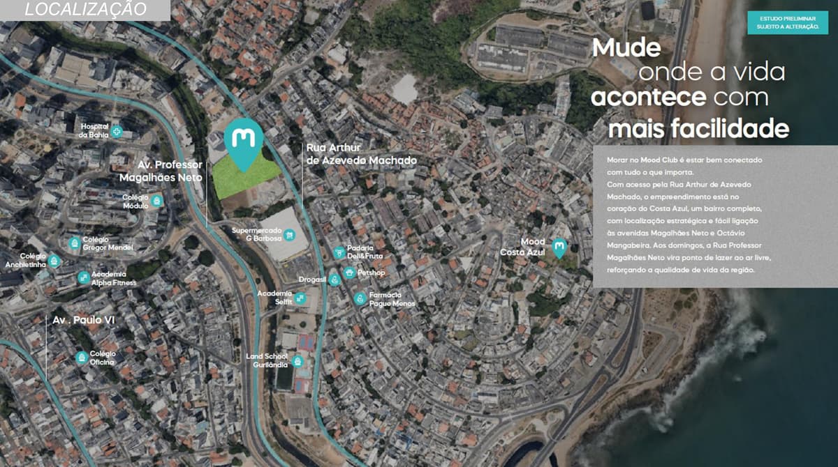 Mapa aéreo mostrando a localização do empreendimento MOOD CLUB da Moura Dubeux no Costa Azul, Salvador, próximo a supermercados, escolas, academias e à orla marítima.