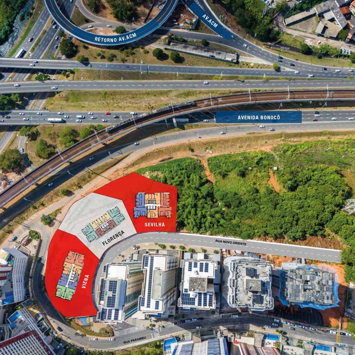 Imagem aérea mostrando a implantação do Residencial Florença e dos empreendimentos Sevilha e Viena, próximos à Avenida Bonocô e Rua Novo Oriente, em Salvador.
