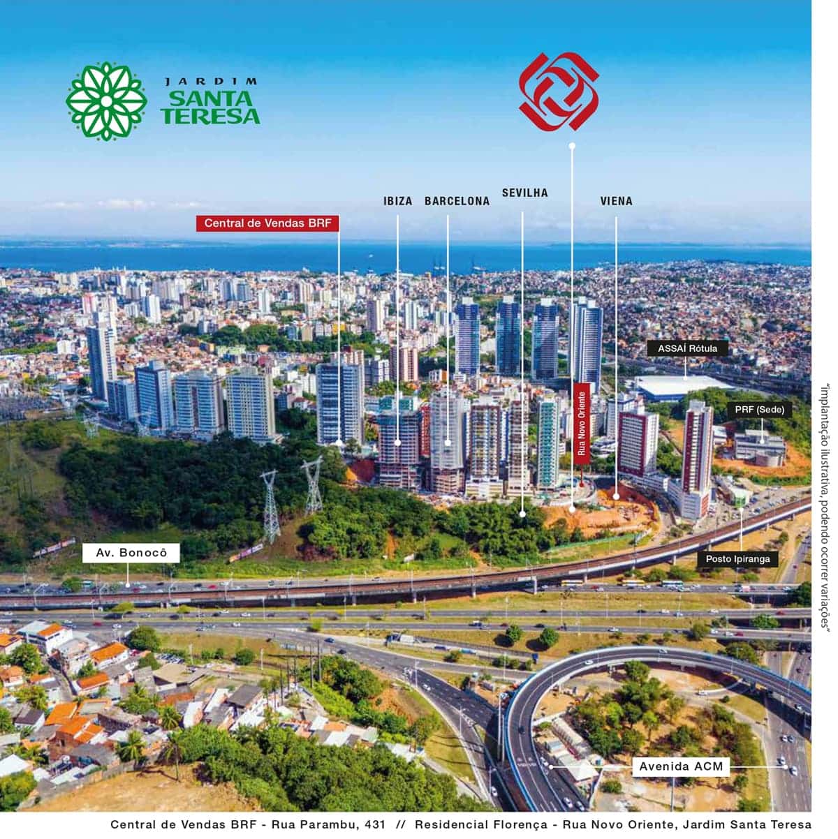 Vista aérea do bairro Jardim Santa Teresa em Salvador mostrando a localização do Residencial Florença e empreendimentos vizinhos da Construtora BRF.