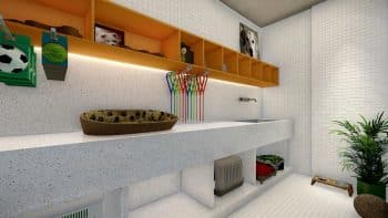 Espaço Pet Care do Laut Jaguaribe com bancada, ducha, prateleiras e acessórios coloridos para o cuidado e higiene dos animais de estimação.