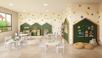 Brinquedoteca do Residencial Florença com mesas infantis, brinquedos educativos e decoração colorida em Salvador.