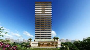 Fachada frontal do Laut Jaguaribe em Salvador, mostrando o edifício moderno de 18 pavimentos com varandas amplas e design elegante.