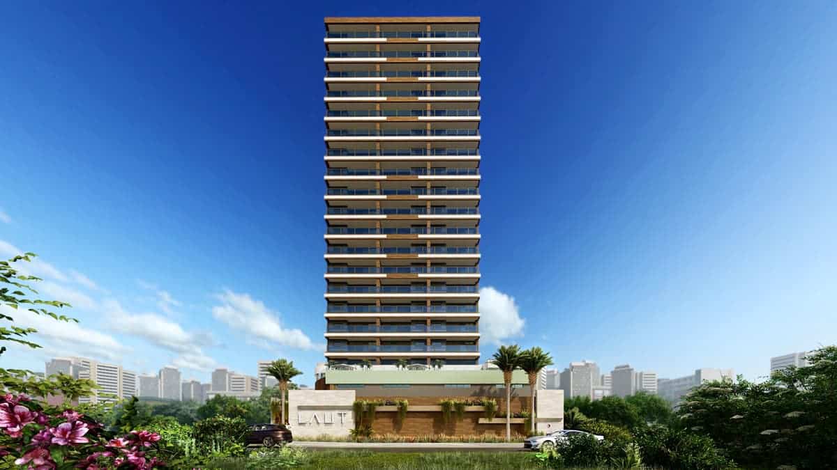 Fachada frontal do Laut Jaguaribe em Salvador, mostrando o edifício moderno de 18 pavimentos com varandas amplas e design elegante.