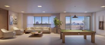 Lobby com Jogos do Residencial Florença com mesa de sinuca, sofás confortáveis e vista panorâmica da cidade de Salvador.
