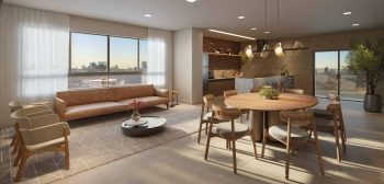 Lounge Gourmet do Residencial Florença com sala integrada, mesa redonda, cozinha moderna e ampla iluminação natural.