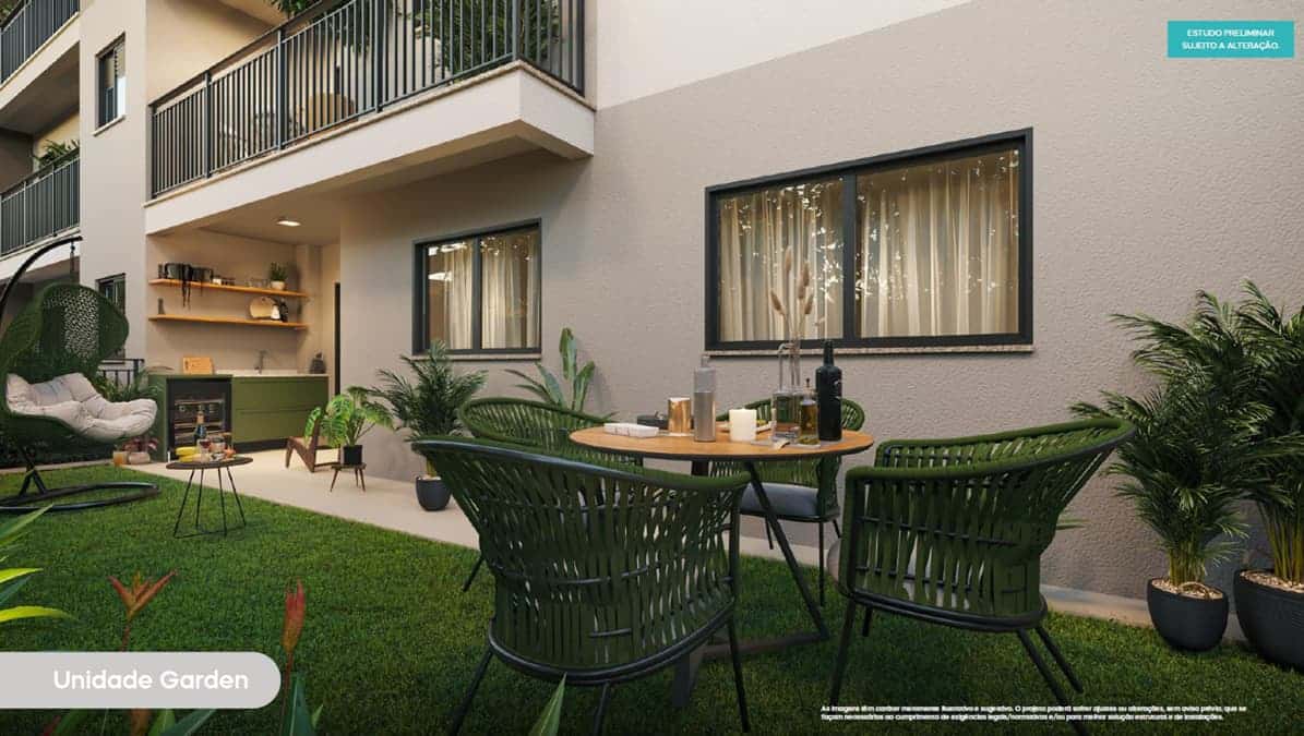 Perspectiva da Unidade Garden do MOOD CLUB, mostrando jardim privativo com mesa, cadeiras, poltrona suspensa e área gourmet integrada ao apartamento.