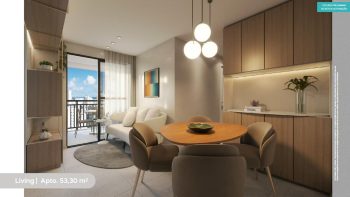 Perspectiva do living do apartamento de 53,30 m² no MOOD CLUB, mostrando sala de estar moderna integrada à varanda, com mesa de jantar, sofá e móveis planejados.