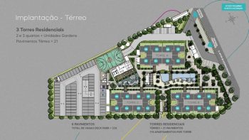 Planta baixa da implantação do térreo do MOOD CLUB, mostrando 3 torres residenciais, áreas de lazer, quadra, piscina, jardins e estacionamento com 535 vagas.