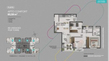 Planta baixa do apartamento Comfort de 65,59 m² no MOOD CLUB, com 3 quartos, sendo 1 suíte, sala integrada à varanda, cozinha, área de serviço e 1 vaga de garagem.