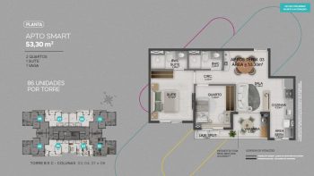 Planta baixa do apartamento Smart de 53,30 m² no MOOD CLUB, com 2 quartos, sendo 1 suíte, sala integrada à varanda, cozinha, área de serviço e 1 vaga de garagem.