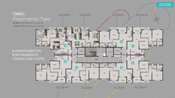 Planta baixa do Pavimento Tipo da Torre A do MOOD CLUB, com 8 apartamentos por andar, todos com 1 suíte, variando entre 53,30 m² e 65,59 m².