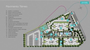 Planta baixa do pavimento térreo do MOOD CLUB em Salvador, mostrando torres residenciais, piscina com raia, quadra recreativa, playground, coworking, salão de festas, pet place e áreas de convivência.