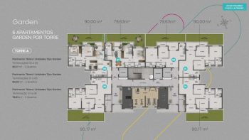 Planta baixa dos apartamentos Garden do MOOD CLUB, com unidades de 79,63 m² a 90,17 m², 2 e 3 quartos, localizadas no térreo da Torre A, cada uma com área privativa externa.