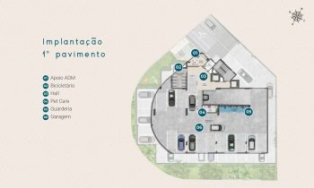 Planta baixa do primeiro pavimento do Laut Jaguaribe mostrando áreas como hall, bicicletário, pet care, guarderia, apoio administrativo e garagem.