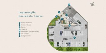 Planta baixa do pavimento térreo do Laut Jaguaribe mostrando acesso de pedestres e veículos, guarita, pet place, mini market, lobby e garagem.