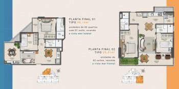 Planta baixa dos apartamentos tipo 01 e 02 do Laut Jaguaribe, com unidades de 48,14m² e 59,91m², ambos com varanda e vista para o mar.
