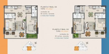 Planta baixa dos apartamentos finais 03 e 04 do Laut Jaguaribe, com 59m², duas suítes, varanda e vista mar frontal.