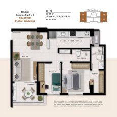 Planta baixa do apartamento Tipo 01 do Residencial Florença com dois quartos, suíte, varanda e cozinha americana integrada.